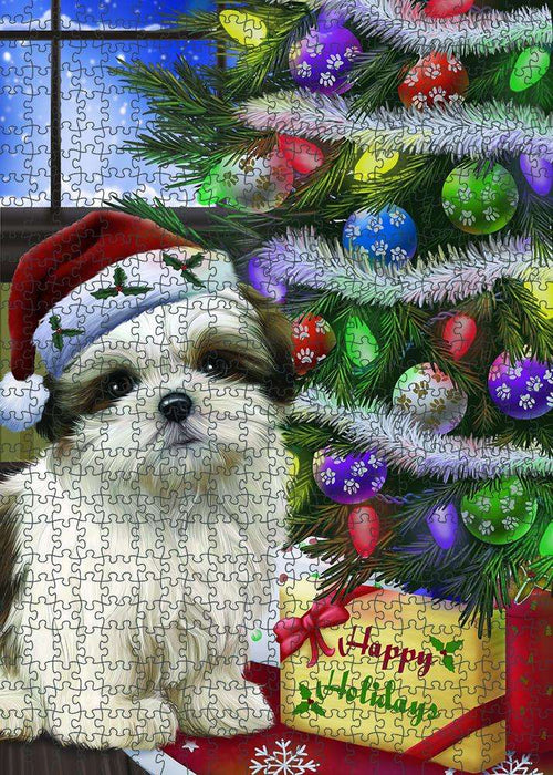 Christmas Happy Holidays Malti Tzu Dog with Tree and Presents Puzzle with Photo Tin PUZL81024