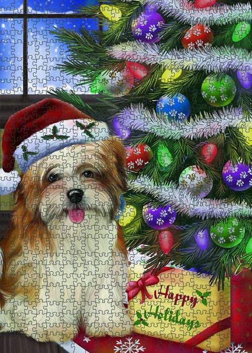Christmas Happy Holidays Malti Tzu Dog with Tree and Presents Puzzle with Photo Tin PUZL81028