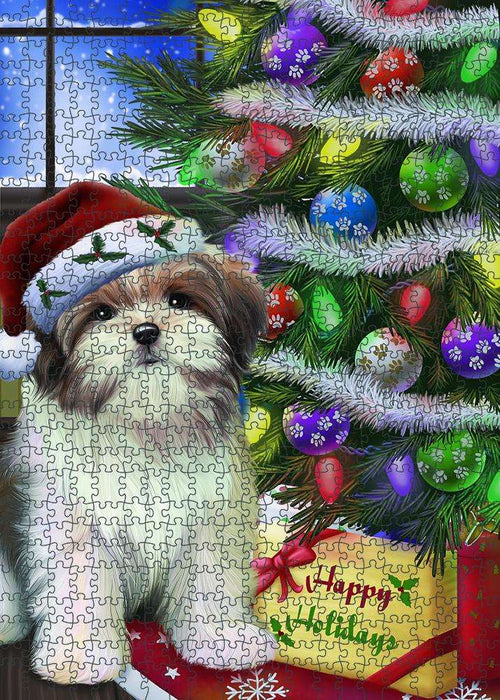 Christmas Happy Holidays Malti Tzu Dog with Tree and Presents Puzzle with Photo Tin PUZL81032