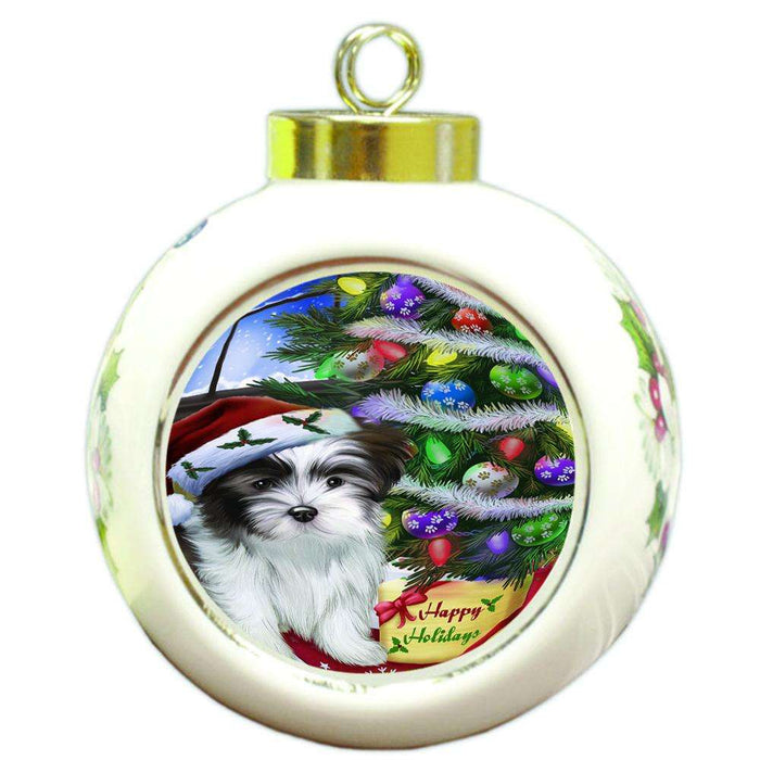Christmas Happy Holidays Malti Tzu Dog with Tree and Presents Round Ball Christmas Ornament RBPOR53466