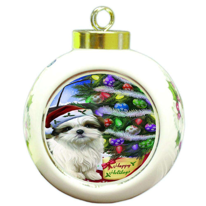 Christmas Happy Holidays Malti Tzu Dog with Tree and Presents Round Ball Christmas Ornament RBPOR53467