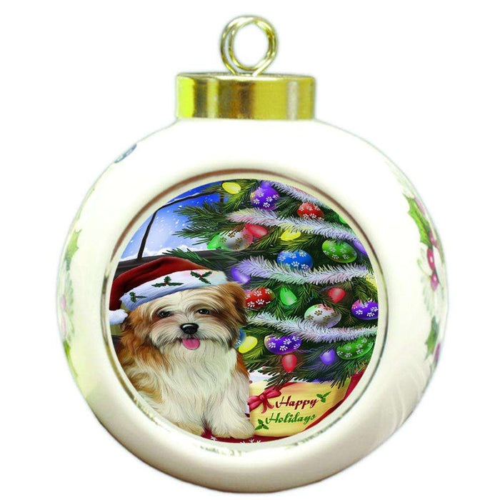 Christmas Happy Holidays Malti Tzu Dog with Tree and Presents Round Ball Christmas Ornament RBPOR53468