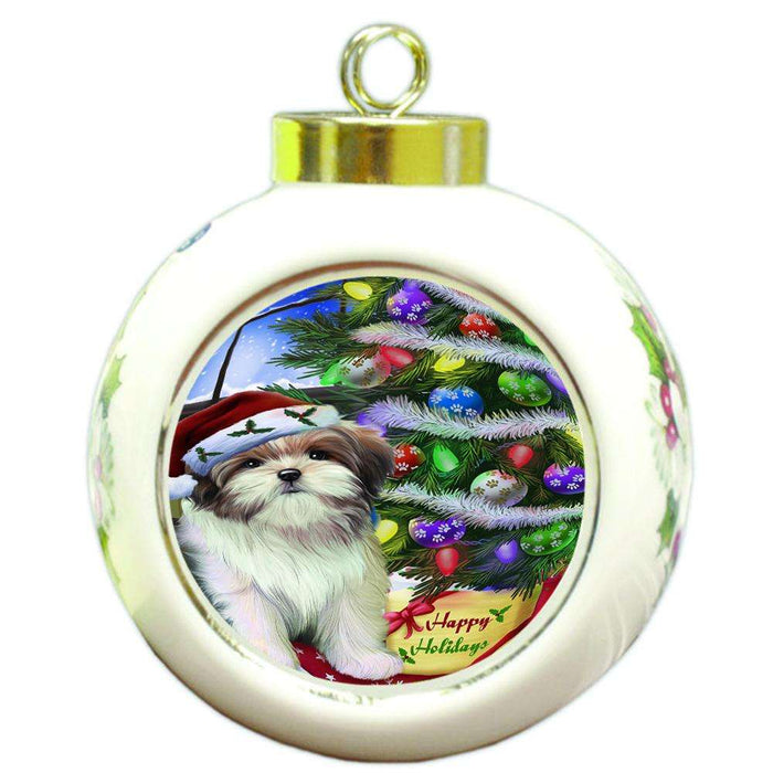 Christmas Happy Holidays Malti Tzu Dog with Tree and Presents Round Ball Christmas Ornament RBPOR53469