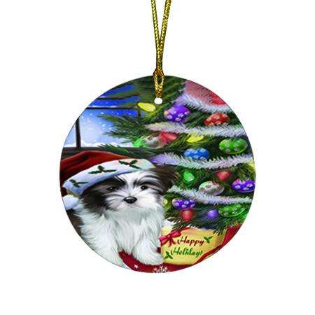 Christmas Happy Holidays Malti Tzu Dog with Tree and Presents Round Flat Christmas Ornament RFPOR53457