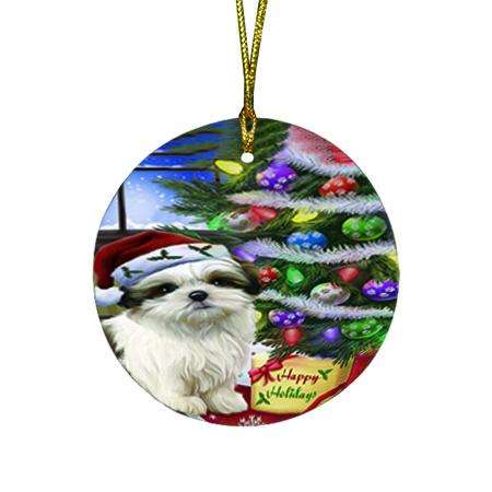 Christmas Happy Holidays Malti Tzu Dog with Tree and Presents Round Flat Christmas Ornament RFPOR53458