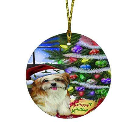 Christmas Happy Holidays Malti Tzu Dog with Tree and Presents Round Flat Christmas Ornament RFPOR53459