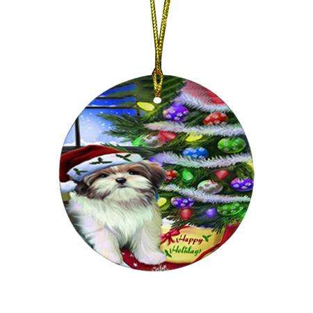 Christmas Happy Holidays Malti Tzu Dog with Tree and Presents Round Flat Christmas Ornament RFPOR53460