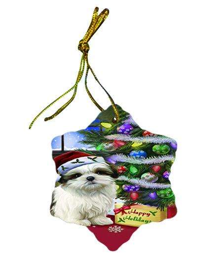 Christmas Happy Holidays Malti Tzu Dog with Tree and Presents Star Porcelain Ornament SPOR53458