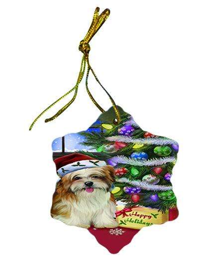 Christmas Happy Holidays Malti Tzu Dog with Tree and Presents Star Porcelain Ornament SPOR53459