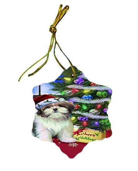 Christmas Happy Holidays Malti Tzu Dog with Tree and Presents Star Porcelain Ornament SPOR53460