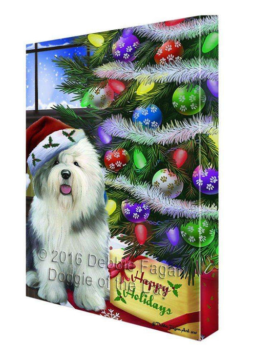 Christmas Happy Holidays Old English Sheepdog Dog with Tree and Presents Canvas Wall Art