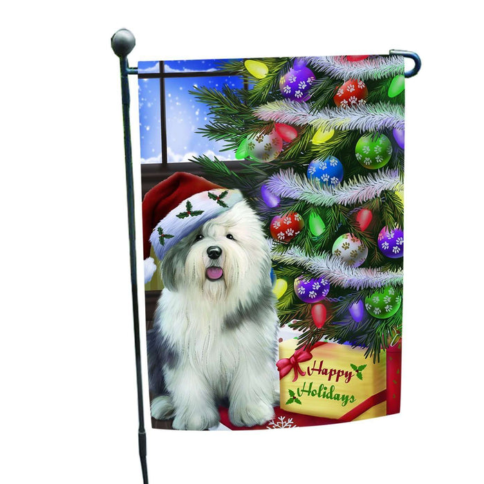 Christmas Happy Holidays Old English Sheepdog Dog with Tree and Presents Garden Flag