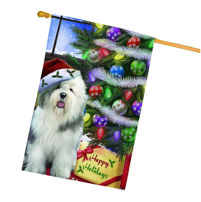 Christmas Happy Holidays Old English Sheepdog Dog with Tree and Presents House Flag