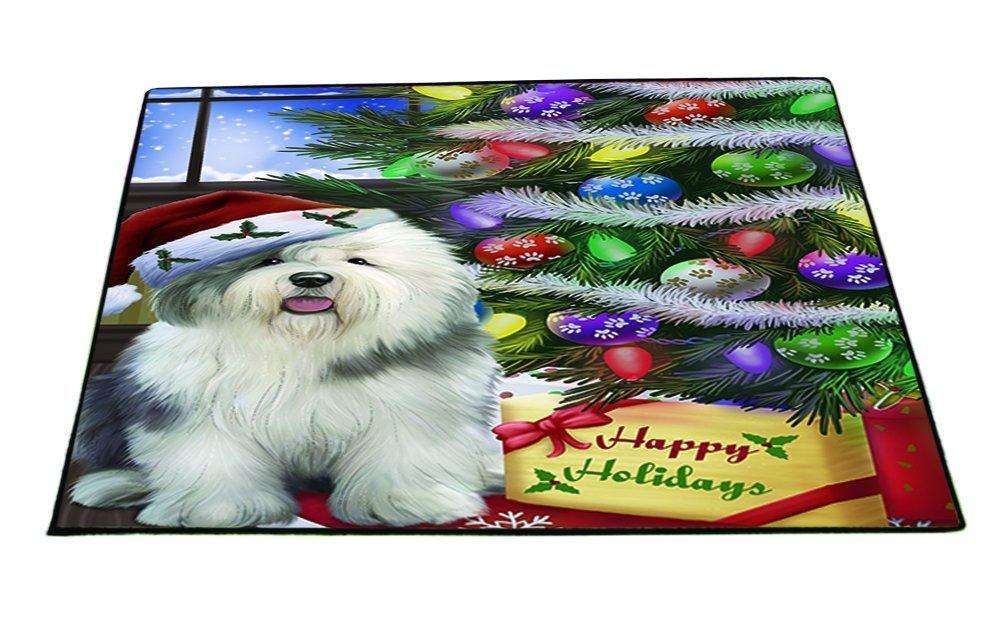 Christmas Happy Holidays Old English Sheepdog Dog with Tree and Presents Indoor/Outdoor Floormat