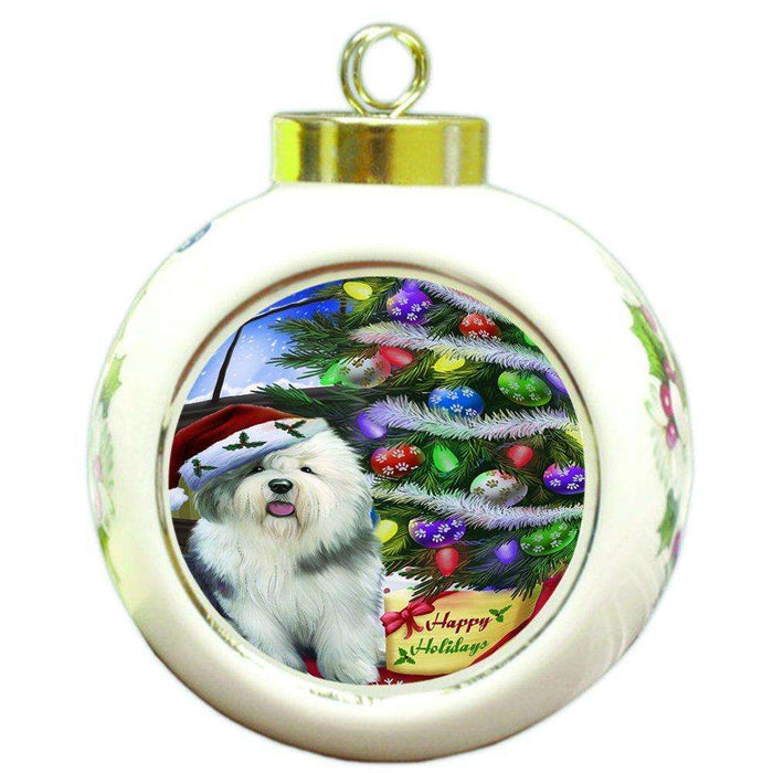 Christmas Happy Holidays Old English Sheepdog Dog with Tree and Presents Round Ball Ornament D123