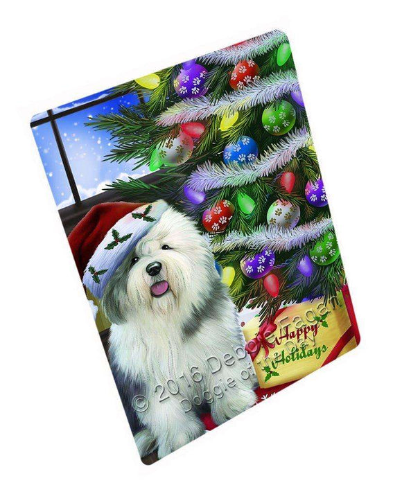 Christmas Happy Holidays Old English Sheepdog Dog with Tree and Presents Tempered Cutting Board