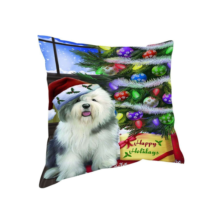 Christmas Happy Holidays Old English Sheepdog Dog with Tree and Presents Throw Pillow