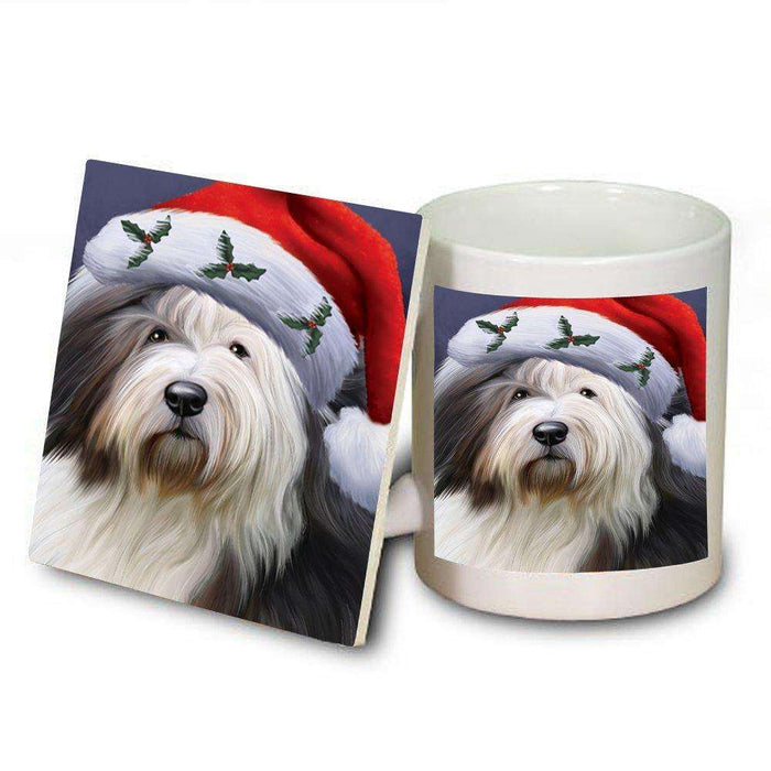 Christmas Happy Holidays Old English Sheepdog Wearing Santa Hat Mug and Coaster Set MUC0011