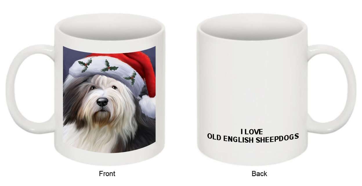 Christmas Happy Holidays Old English Sheepdog Wearing Santa Hat Mug CMG0011