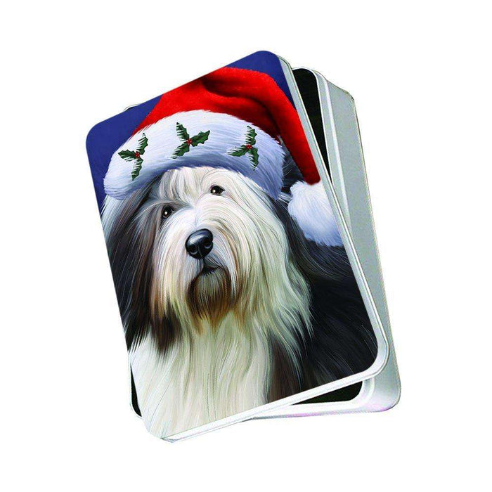 Christmas Happy Holidays Old English Sheepdog Wearing Santa Hat Photo Storage Tin PTIN0011
