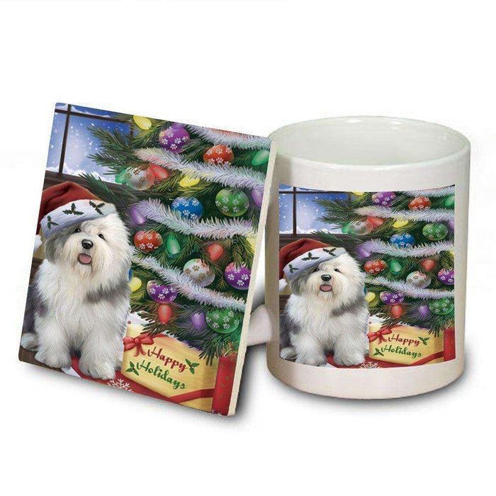 Christmas Happy Holidays Old English Sheepdog with Tree and Presents Mug and Coaster Set MUC0015