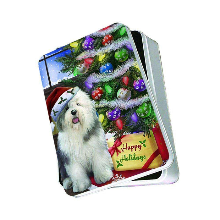 Christmas Happy Holidays Old English Sheepdog with Tree and Presents Photo Storage Tin PTIN0015