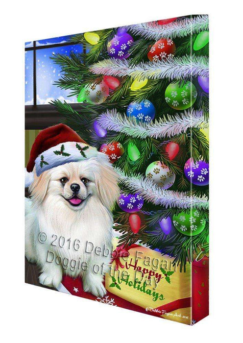 Christmas Happy Holidays Pekingese Dog with Tree and Presents Canvas Wall Art