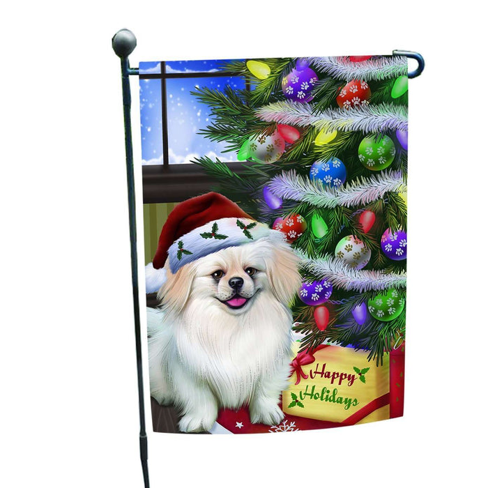 Christmas Happy Holidays Pekingese Dog with Tree and Presents Garden Flag