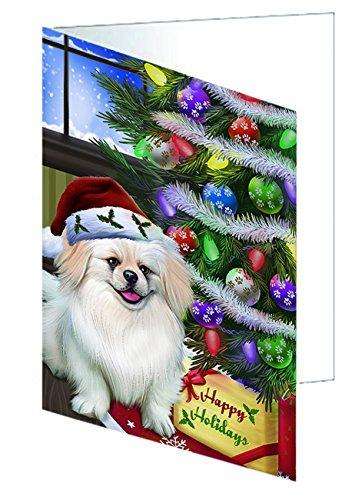 Christmas Happy Holidays Pekingese Dog with Tree and Presents Handmade Artwork Assorted Pets Greeting Cards and Note Cards with Envelopes for All Occasions and Holiday Seasons