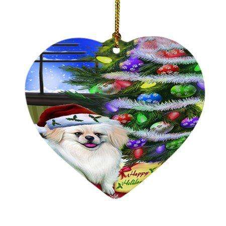Christmas Happy Holidays Pekingese Dog with Tree and Presents Heart Ornament D049