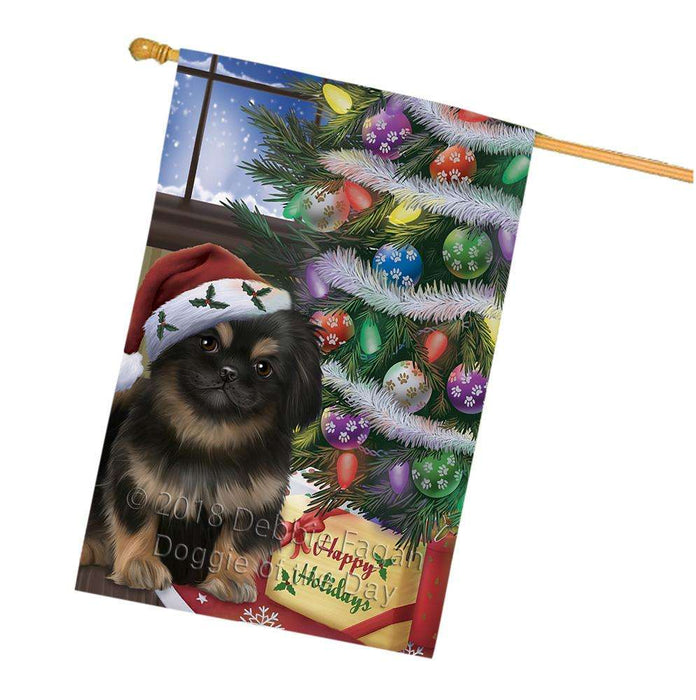 Christmas Happy Holidays Pekingese Dog with Tree and Presents House Flag FLG54040