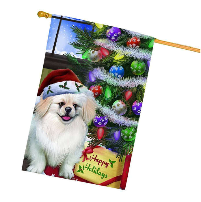 Christmas Happy Holidays Pekingese Dog with Tree and Presents House Flag