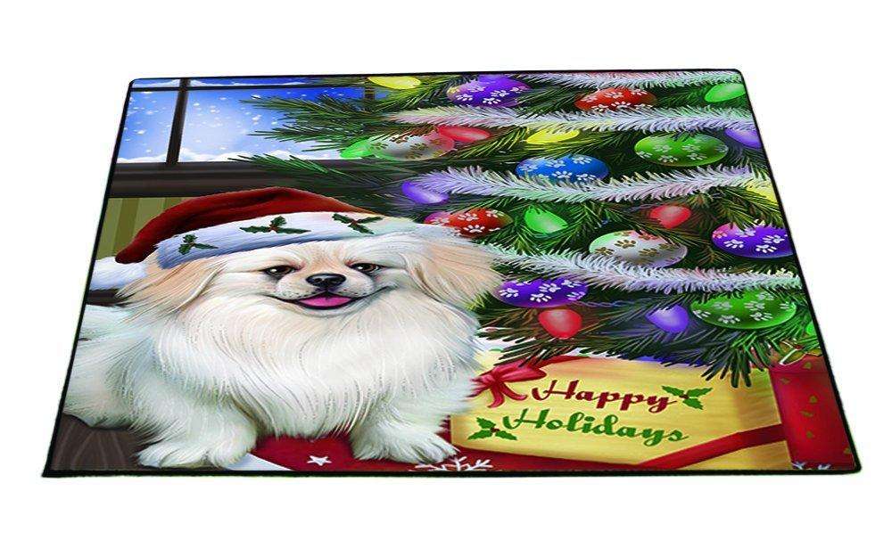 Christmas Happy Holidays Pekingese Dog with Tree and Presents Indoor/Outdoor Floormat