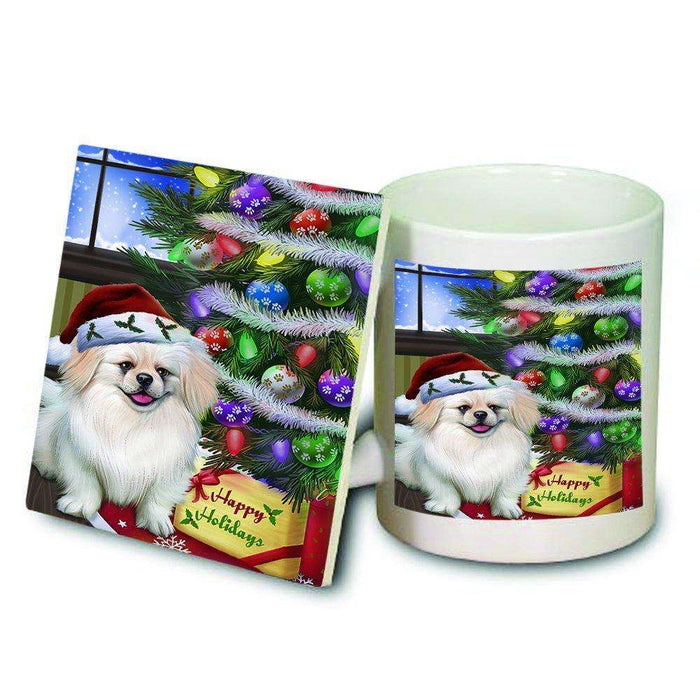 Christmas Happy Holidays Pekingese Dog with Tree and Presents Mug and Coaster Set
