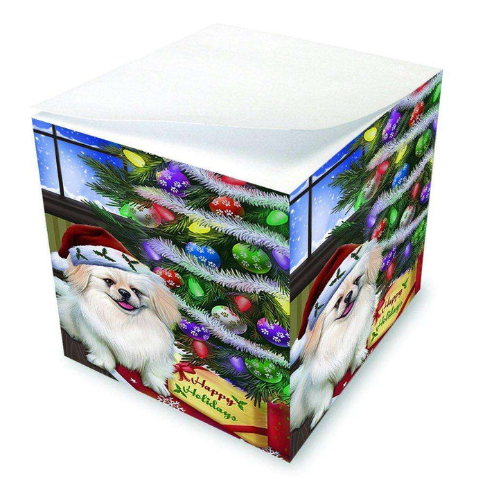 Christmas Happy Holidays Pekingese Dog with Tree and Presents Note Cube D045