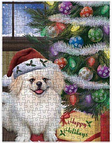 Christmas Happy Holidays Pekingese Dog with Tree and Presents Puzzle with Photo Tin D019