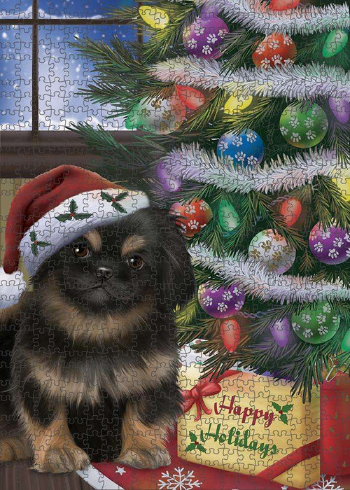 Christmas Happy Holidays Pekingese Dog with Tree and Presents Puzzle with Photo Tin PUZL83004