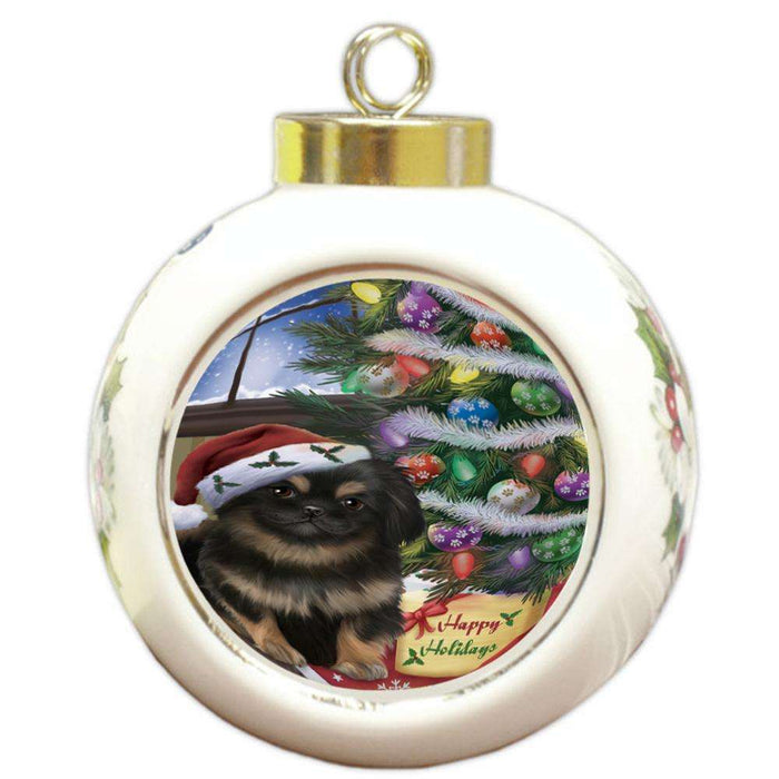 Christmas Happy Holidays Pekingese Dog with Tree and Presents Round Ball Christmas Ornament RBPOR53842