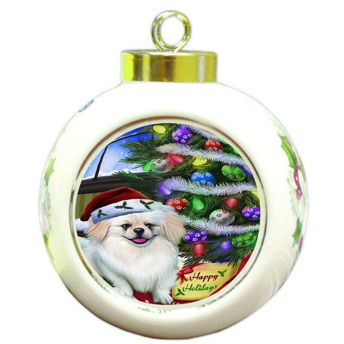 Christmas Happy Holidays Pekingese Dog with Tree and Presents Round Ball Ornament D049