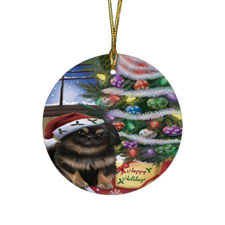 Christmas Happy Holidays Pekingese Dog with Tree and Presents Round Flat Christmas Ornament RFPOR53833