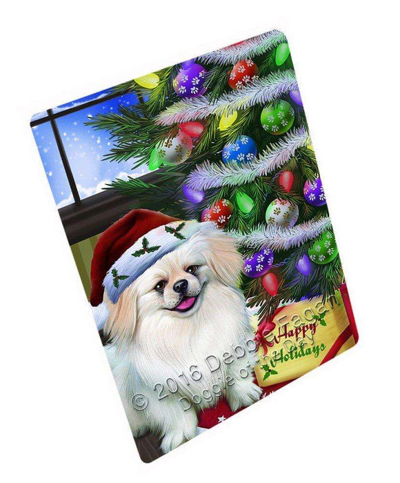 Christmas Happy Holidays Pekingese Dog with Tree and Presents Tempered Cutting Board (Small)