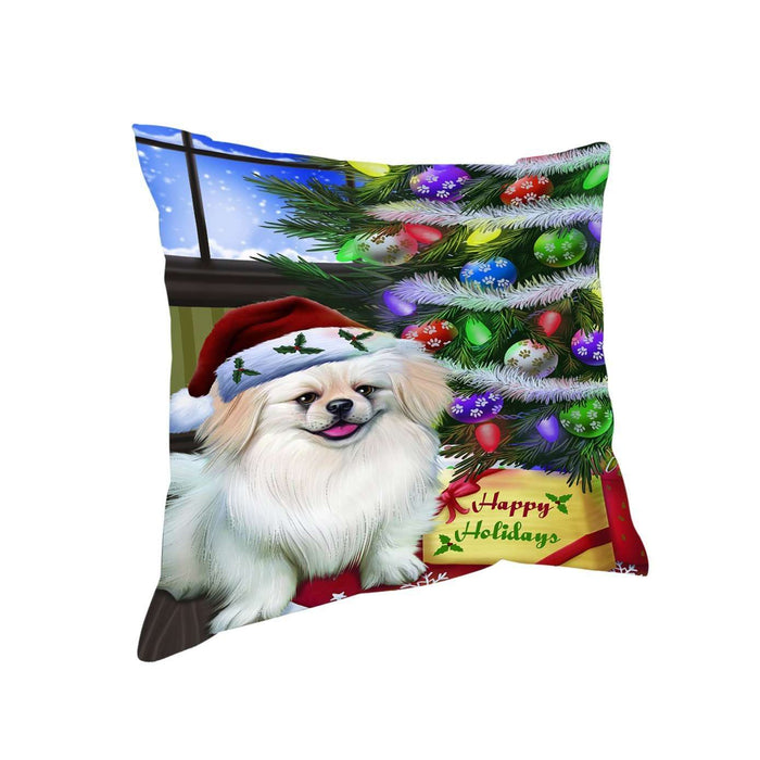 Christmas Happy Holidays Pekingese Dog with Tree and Presents Throw Pillow