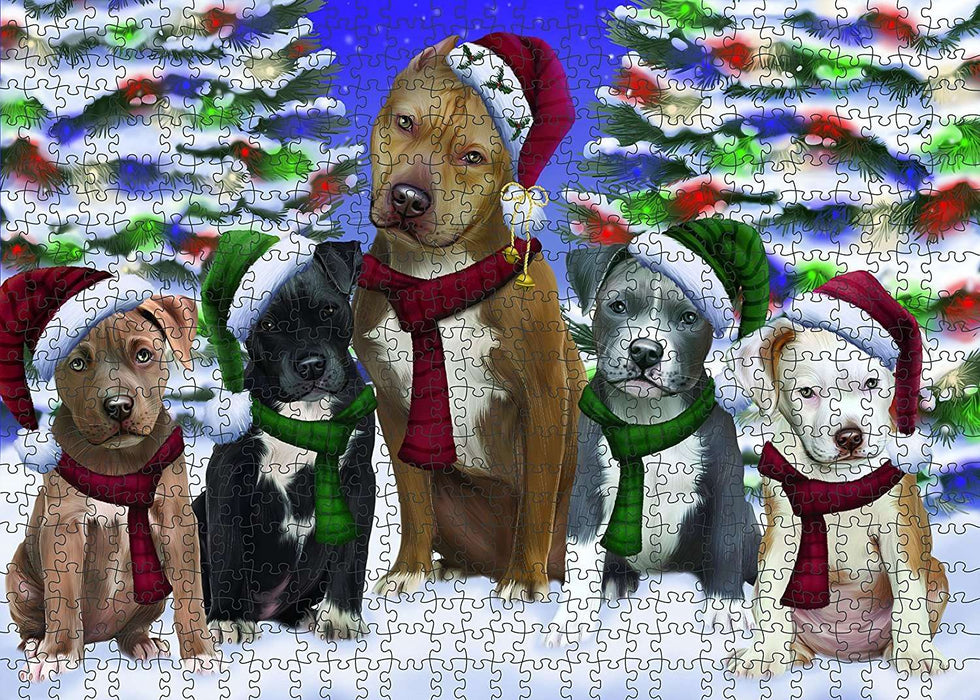 Christmas Happy Holidays Pit Bull Dog Family Portrait Puzzle with Photo Tin PUZL018