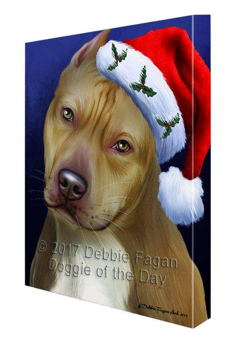 Christmas Happy Holidays Pit Bull Dog Portrait Head With Hat Print on Canvas Wall Art CVS1116