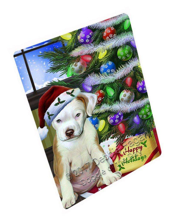 Christmas Happy Holidays Pit Bull Dog with Tree and Presents Art Portrait Print Woven Throw Sherpa Plush Fleece Blanket D002