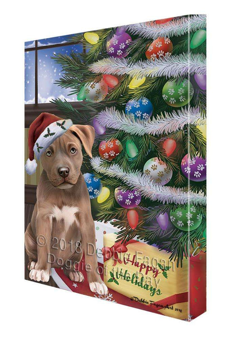Christmas Happy Holidays Pit Bull Dog with Tree and Presents Canvas Print Wall Art Décor CVS102437