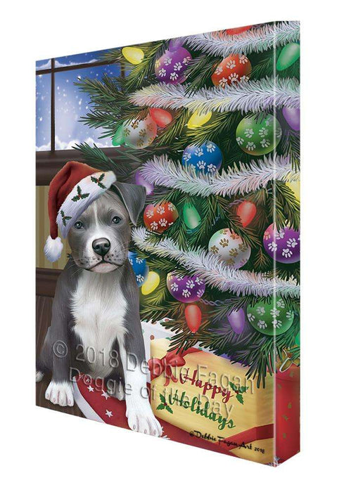 Christmas Happy Holidays Pit Bull Dog with Tree and Presents Canvas Print Wall Art Décor CVS102446