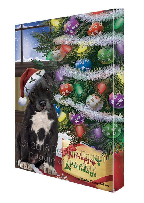 Christmas Happy Holidays Pit Bull Dog with Tree and Presents Canvas Print Wall Art Décor CVS102455