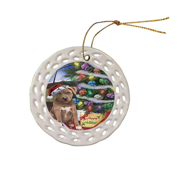 Christmas Happy Holidays Pit Bull Dog with Tree and Presents Ceramic Doily Ornament DPOR53843