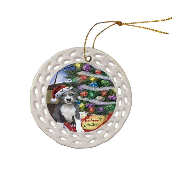 Christmas Happy Holidays Pit Bull Dog with Tree and Presents Ceramic Doily Ornament DPOR53844